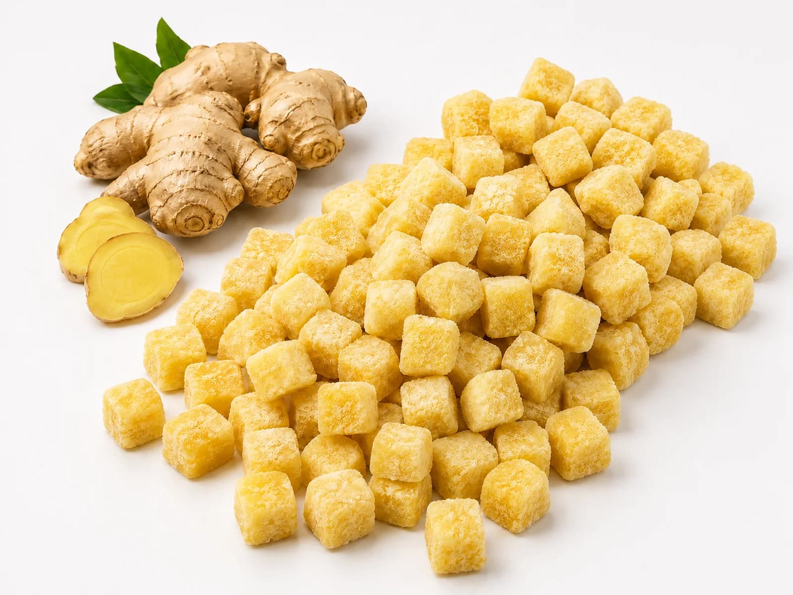 Individually quick frozen ginger pieces with fresh ginger.