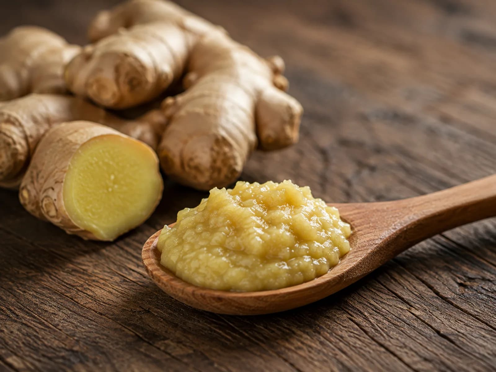 Ginger puree presented with fresh ginger roots.