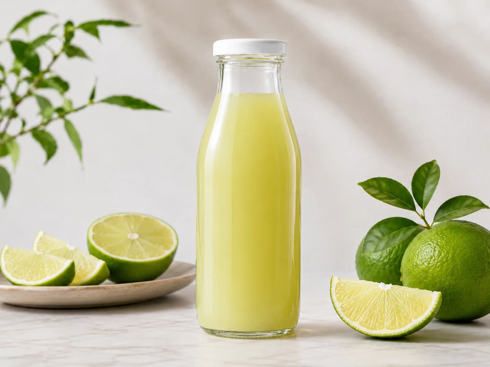 Lime NFC juice presented with fresh Tahiti limes.