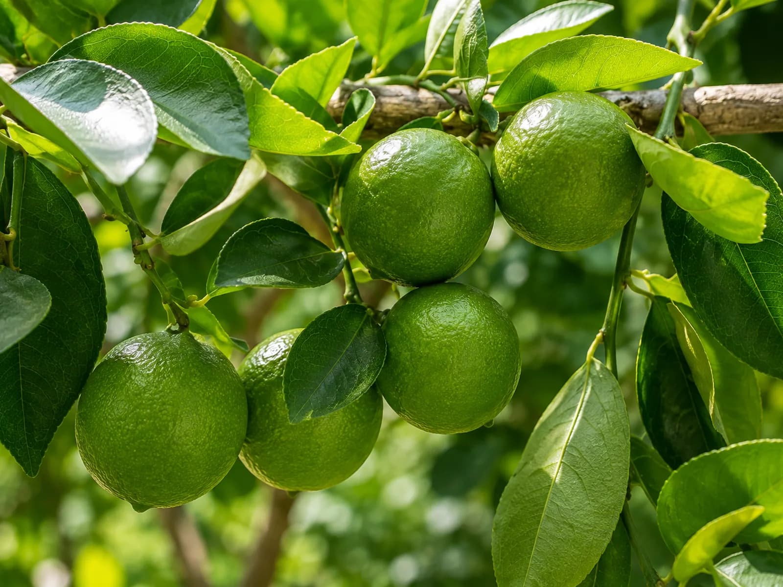 Tahiti limes growing among green leaves on a tree.