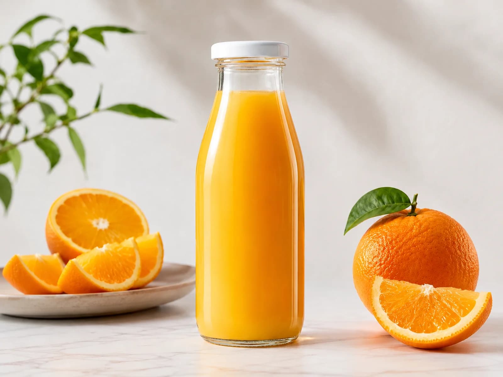Orange NFC juice presented with fresh Valencia oranges.