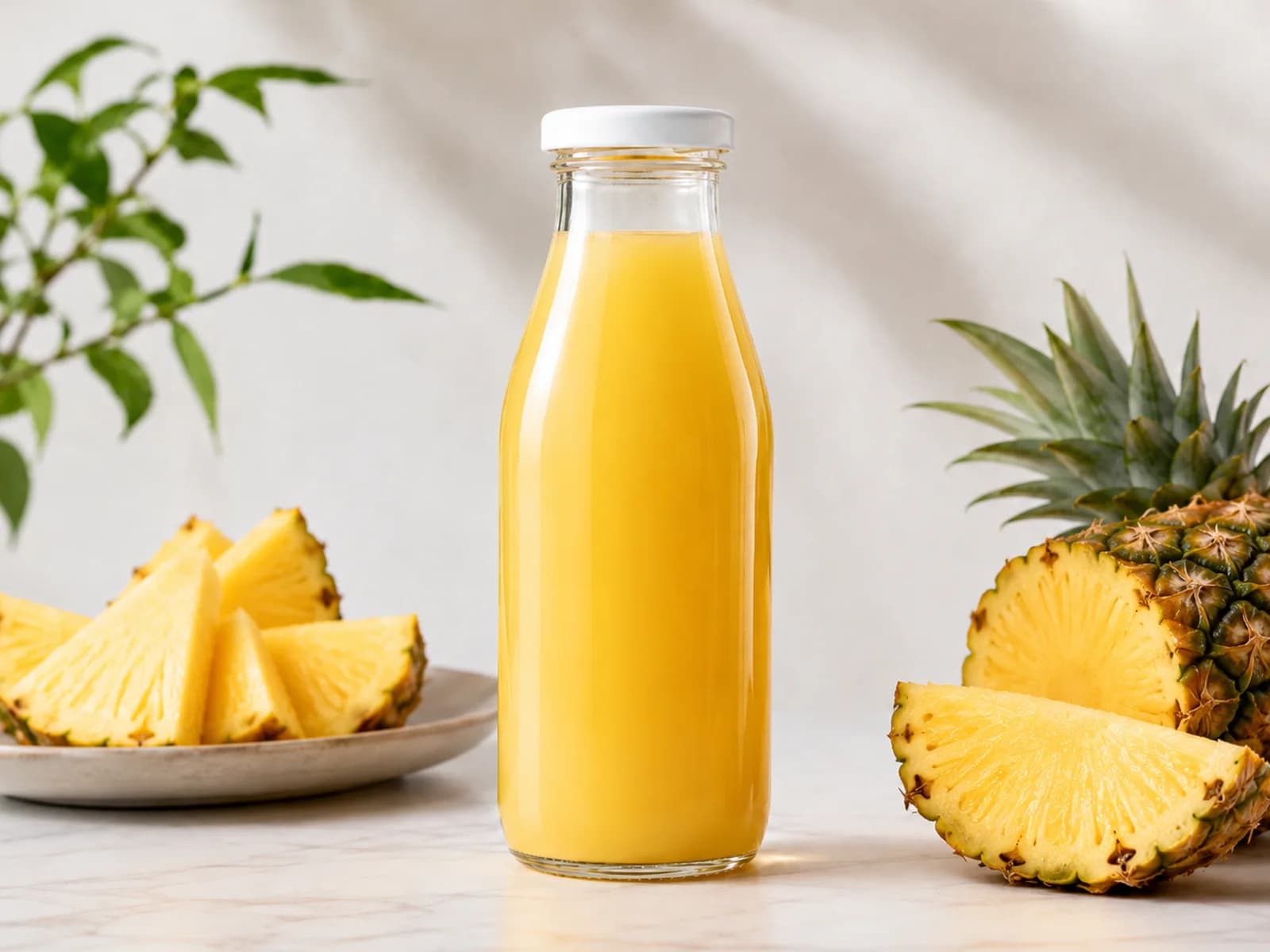 Pineapple NFC juice presented with fresh pineapple.