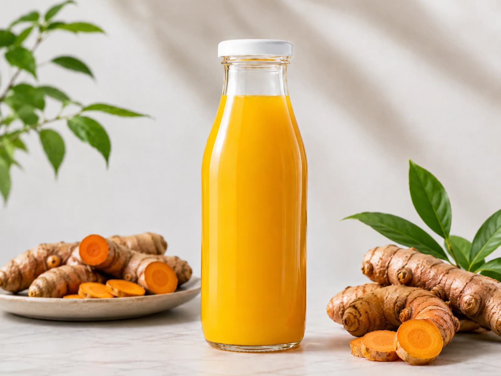 Turmeric NFC juice presented with fresh turmeric roots.