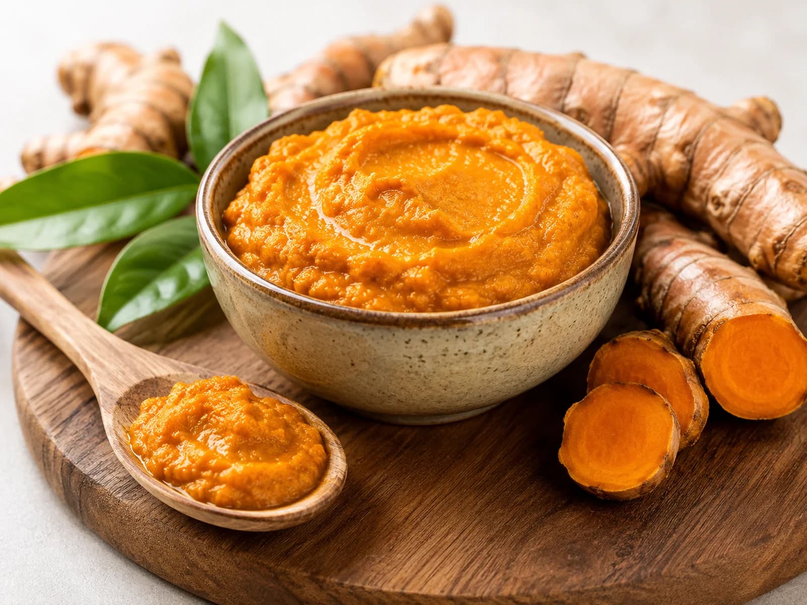 Shelf-stable turmeric paste presented with turmeric roots.