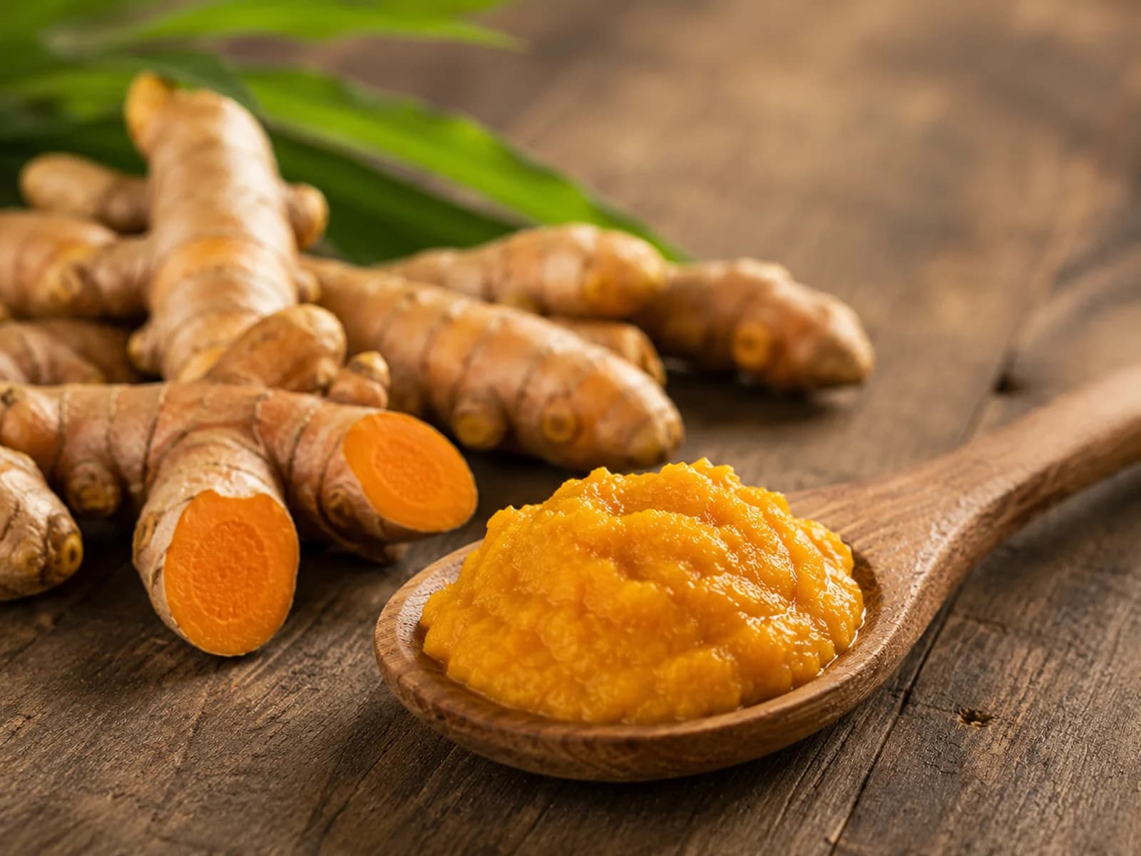 Turmeric puree presented with fresh turmeric roots.