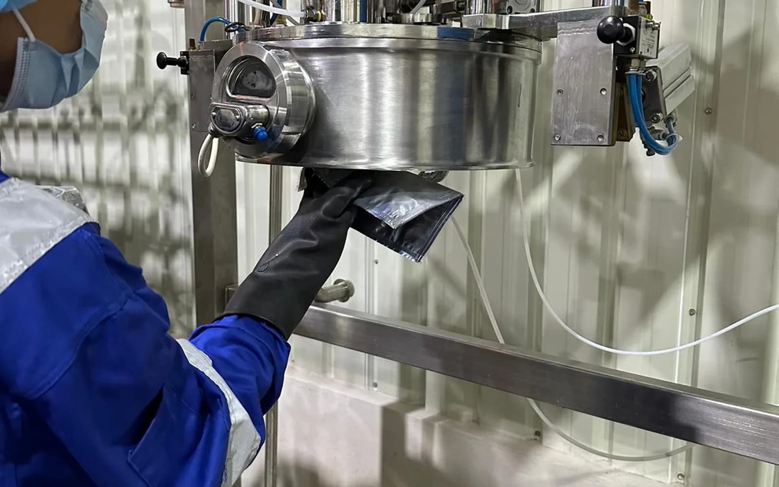 Stainless processing equipment in operation.