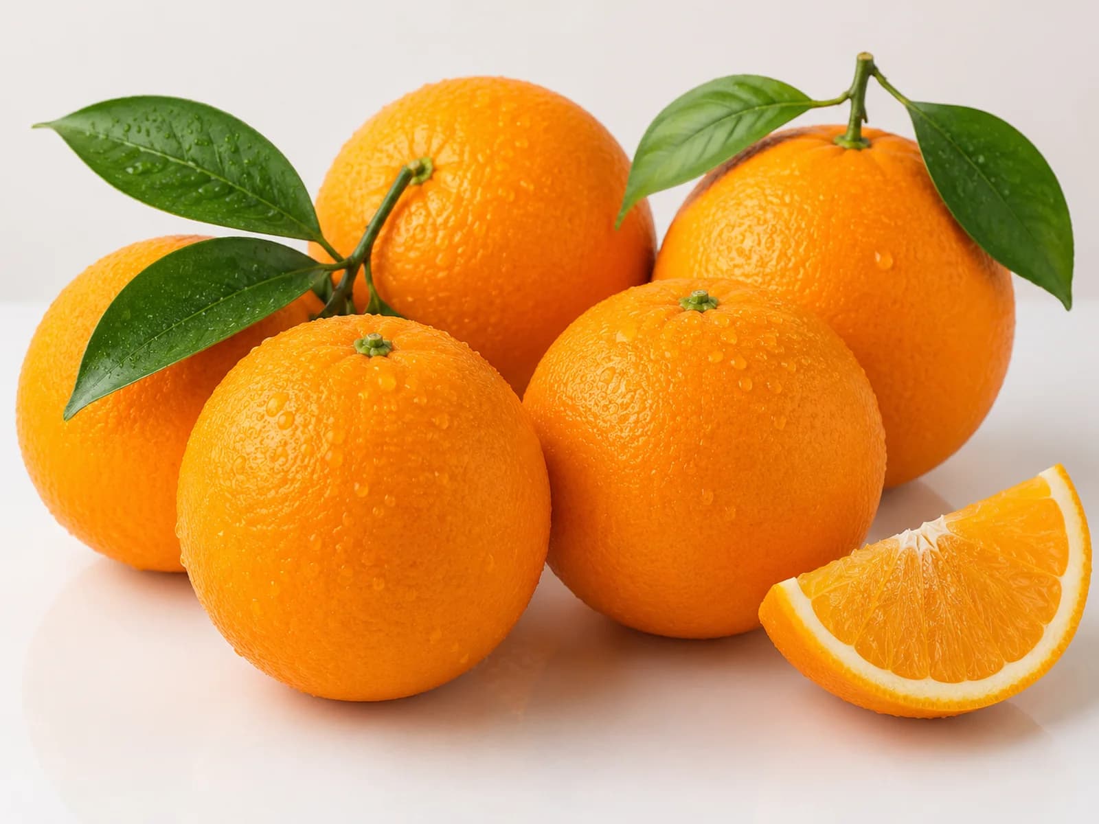 Whole Valencia oranges with green leaves and a cut orange segment.