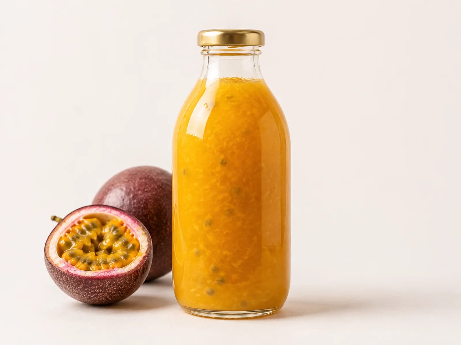 Passion fruit NFC juice presented with fresh passion fruit.
