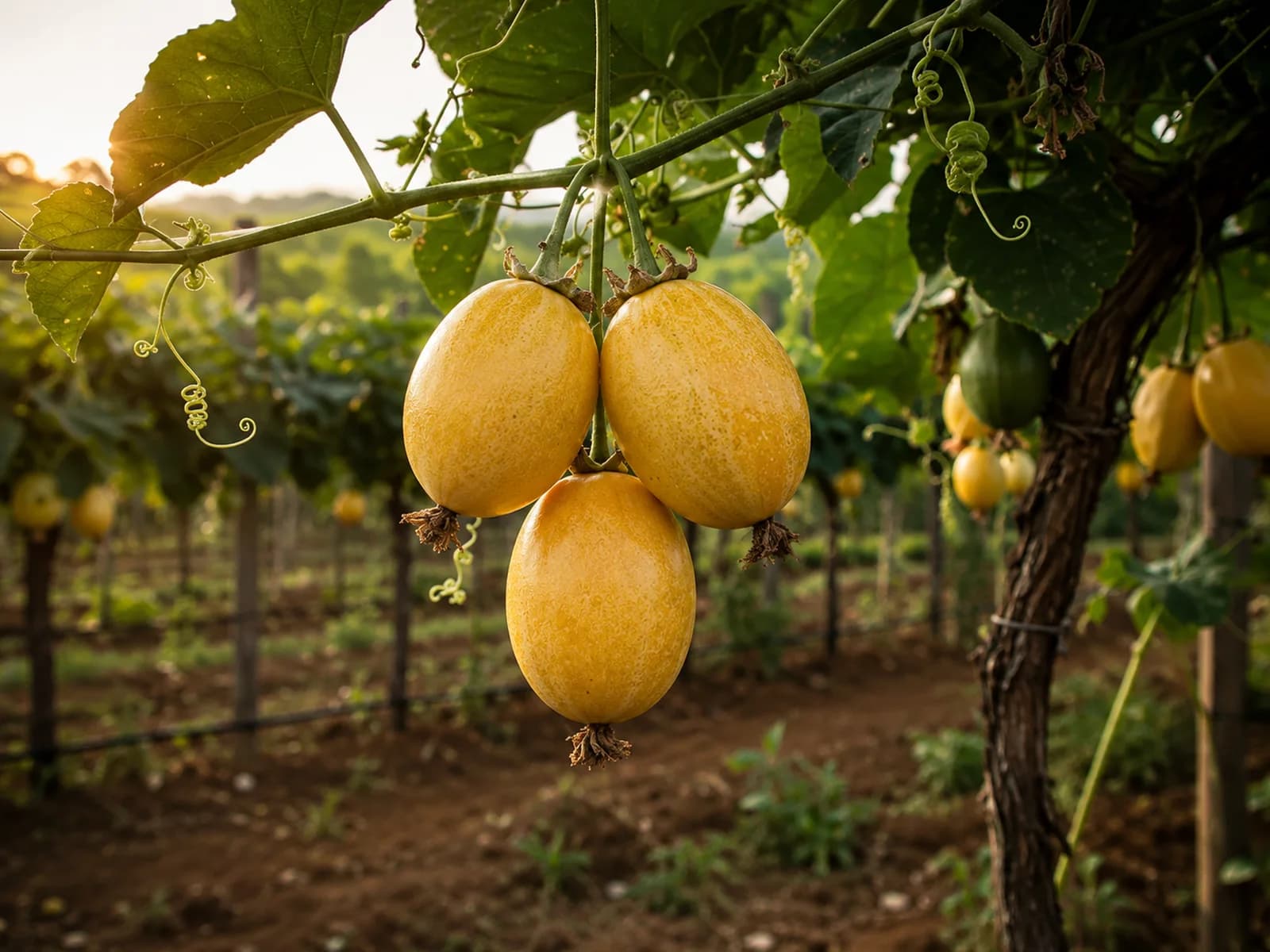 Yellow passion fruit growing on the vine.