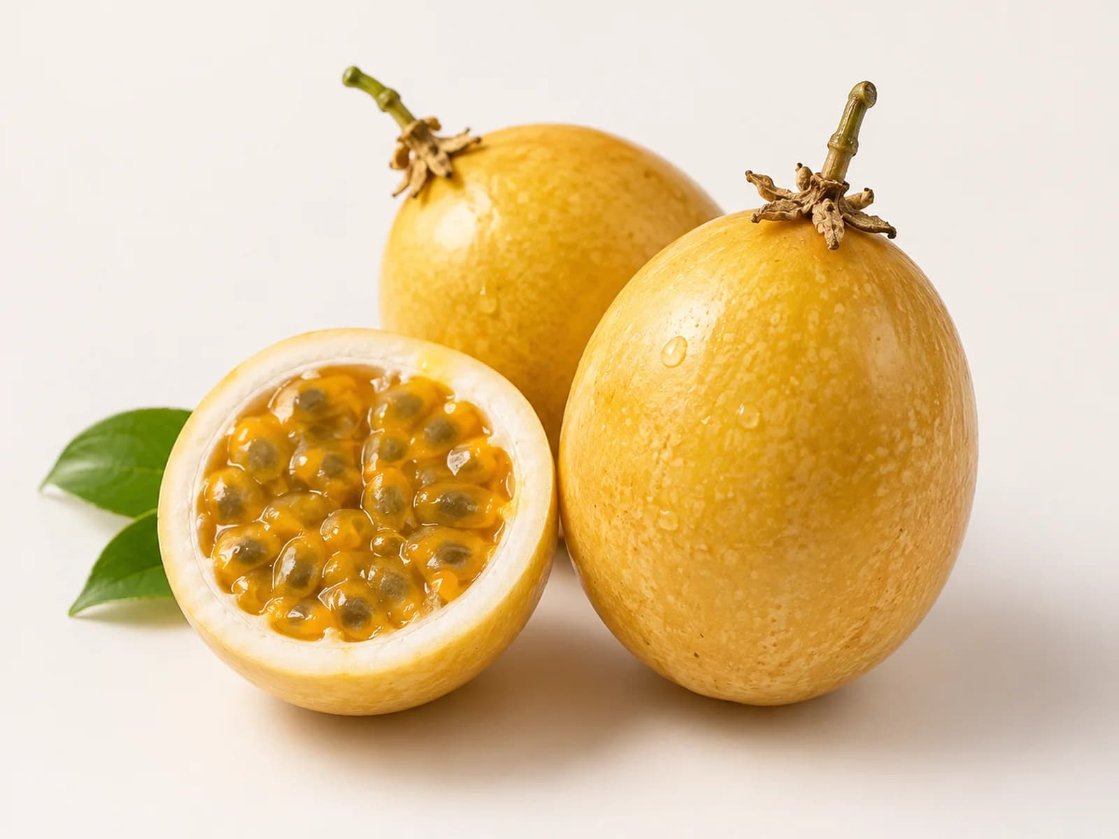 Ripe whole and cut yellow passion fruit.
