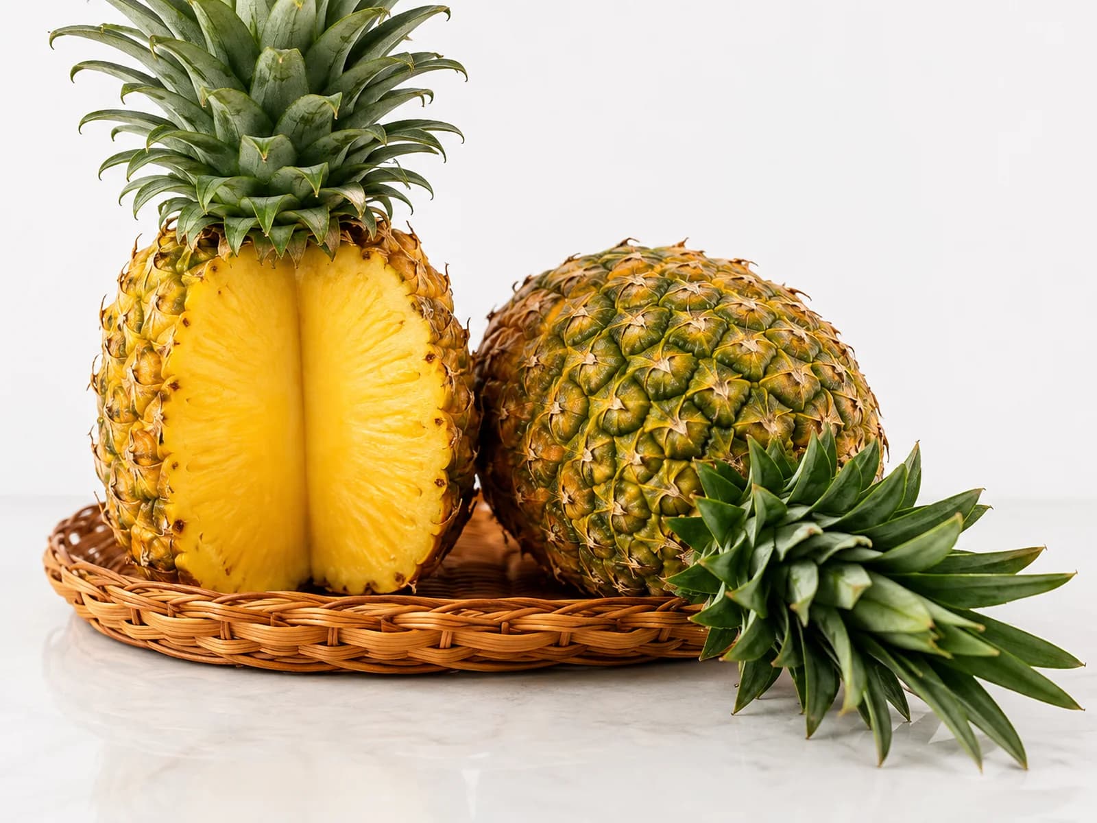 Whole and cut MD2 pineapples.