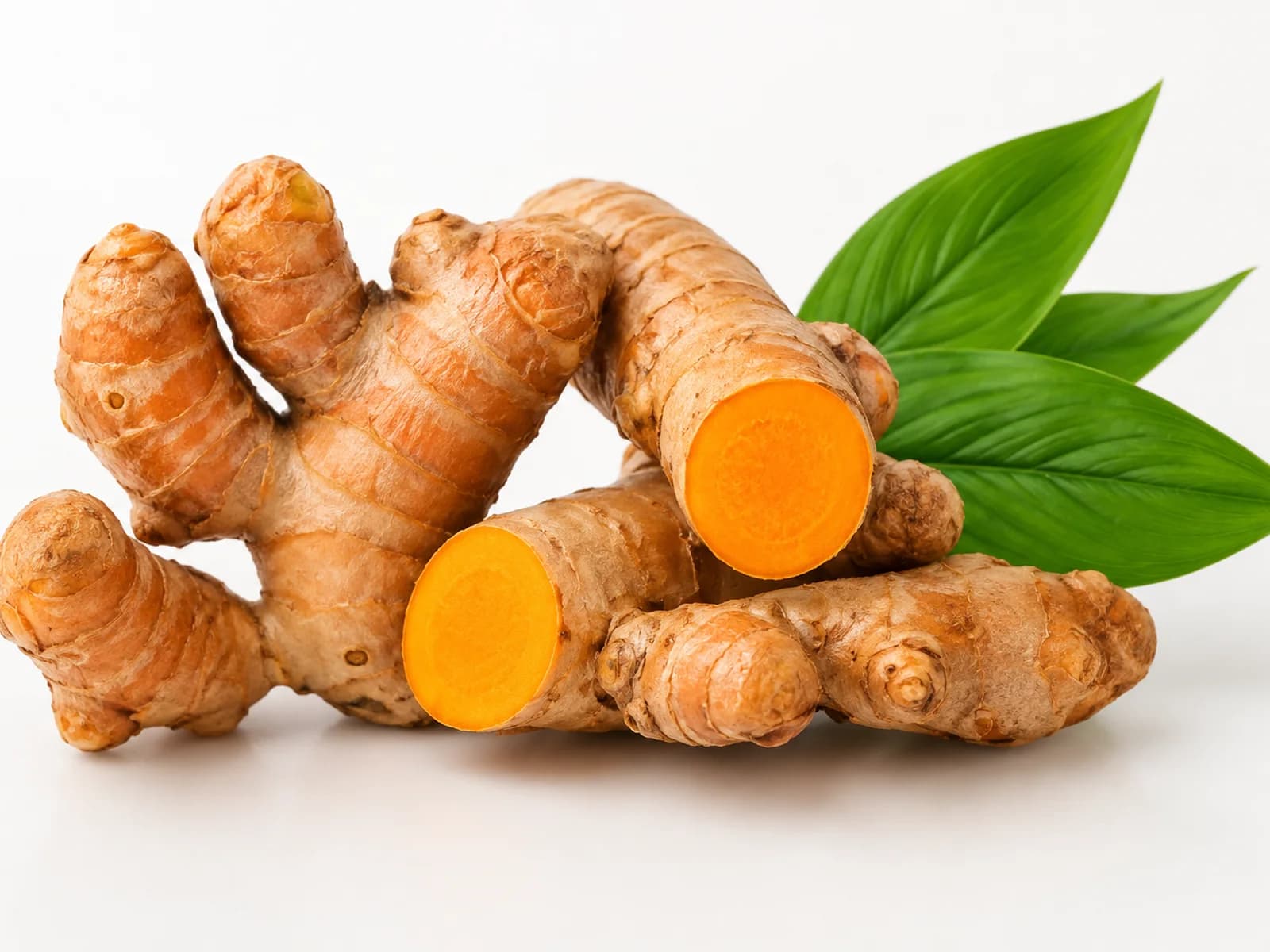 Fresh whole and cut turmeric roots with green leaves.